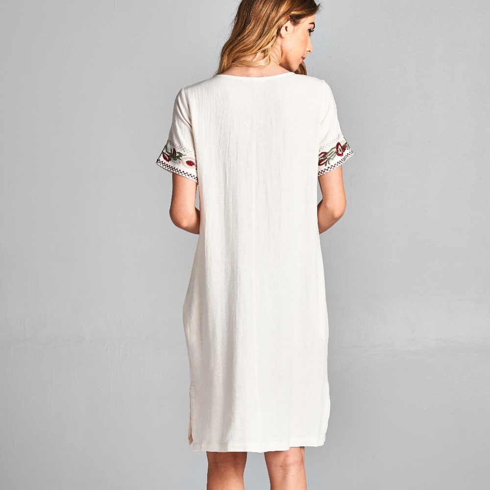 Ivory Embroidered Linen Pocket Shift Dress - Picture 5 of 5